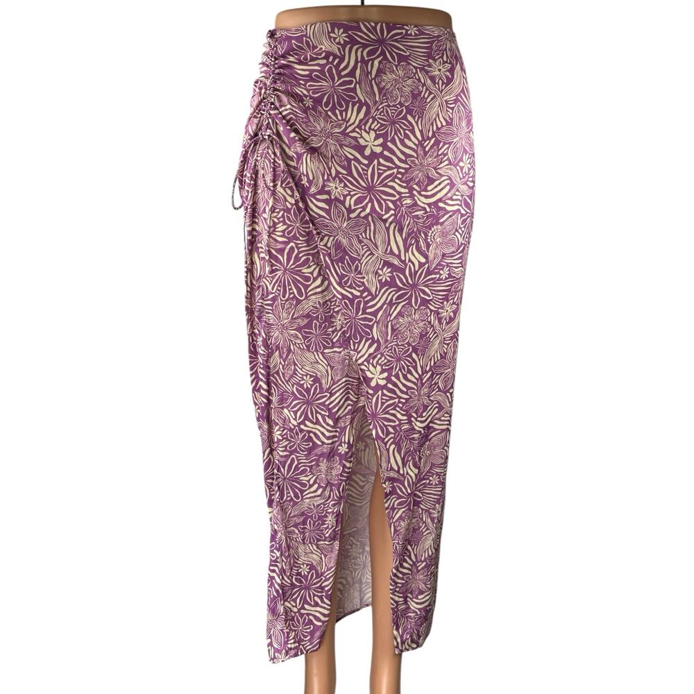 Free People Purple Floral High Waist Ruched Tie Front Slit Maxi Pencil Skirt S